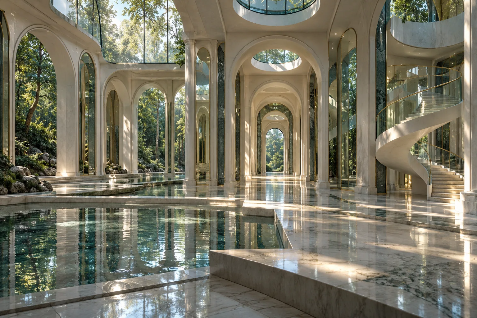 An open white stone atrium, mirrored water and spiral stairs, with a forest beyond its arches.